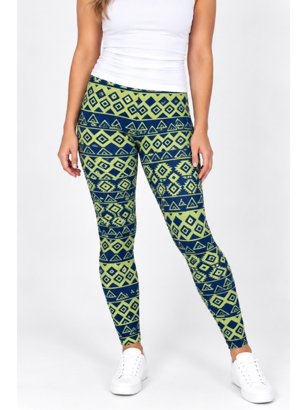 LuLaRoe Leggings – Navy & Lime Green Geometric Print size TC (12-18)